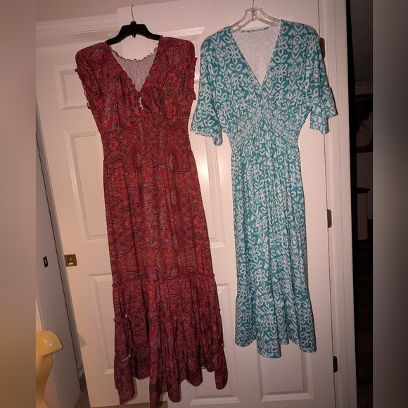 Bundle: 2 Maxi Dresses Stretchy & Comfy Sz XL /16 Dark Red & Green Blue Smocked - Picture 4 of 5